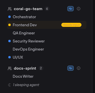Two teams in the agent list: the health icon is on, beside each team's info button